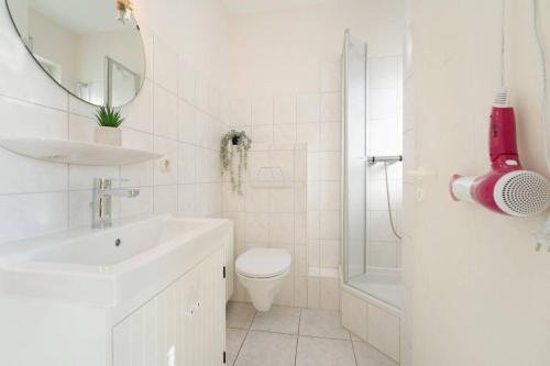 Un baño con lavabo, inodoro y espejo. en Vadersdorf-6c, en Vadersdorf