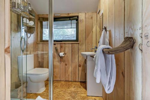 a bathroom with a toilet and a glass shower at 2 Bed in Hay-on-Wye oc-h33385 in Hay-on-Wye