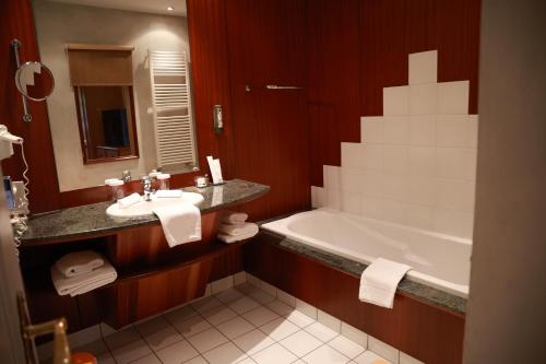 a bathroom with a tub and a sink and a bath tub at Hotel - Restaurant Le Cerf & Spa in Marlenheim
