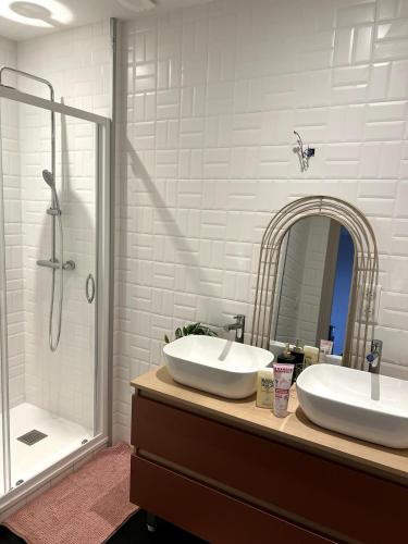 Un baño con dos lavabos y una ducha. en Château de Sampigny - 10 min from Clermont-Ferrand, en Gerzat
