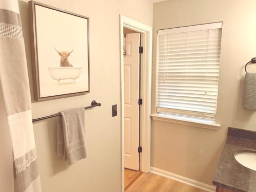 a bathroom with a sink and a picture of a dog in a bowl at The Nest - A Getaway with a Huge Game Room in Ranger