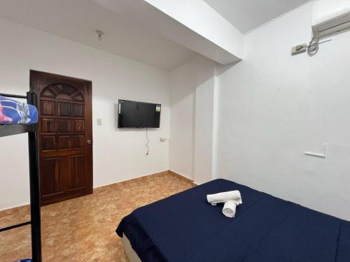 a bedroom with a blue bed and a tv on the wall at Paradise Beach Apartment in Boracay