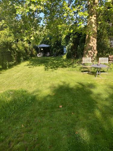 a park with a picnic table and a tree at Apartment with terrace in Zeuthen