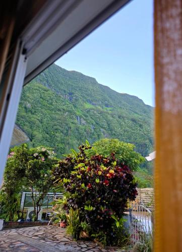 a window with a view of a mountain at Le Voile de la Mariée in Salazie