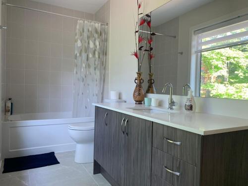 ein Badezimmer mit Waschbecken, Toilette und Badewanne in der Unterkunft 3000SF Modern Cottage Algonquin, Muskoka 4 bedrooms 6 beds3 baths in Lake of Bays
