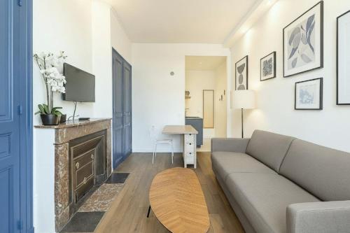a living room with a couch and a fireplace at Le Nid de Perrache Comfortable and Stylish Studio in Lyon