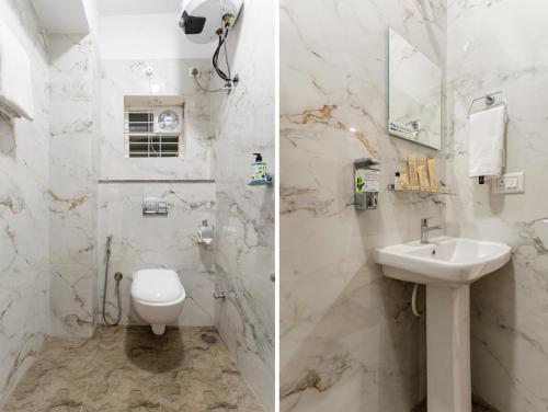 two pictures of a bathroom with a toilet and a sink at Treebo Silent Woods in Bengaluru