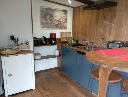 a kitchen with blue cabinets and a table with chairs at Le Châtaignier in Le Crestet