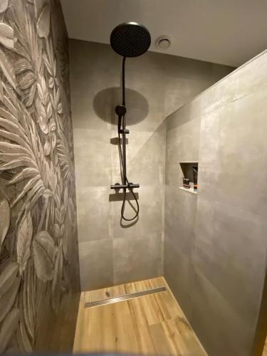 a bathroom with a shower with a light on the wall at De Crullsweijde in Kloosterhaar