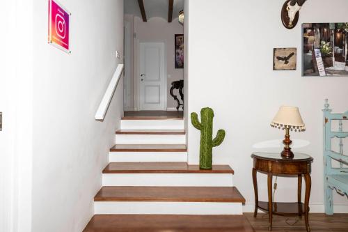 a staircase in a home with white walls and a cactus at Casa rural DOS ENCINAS in Andújar