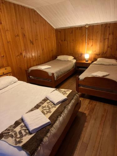 two beds in a room with wooden walls at Hosteria CASA MILLER B&B FRENTE AL MAR in Bahía Mansa
