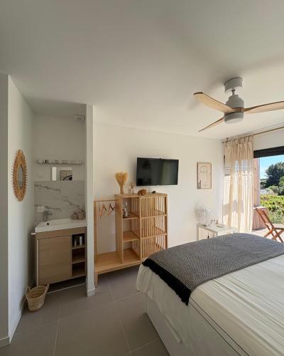 a bedroom with a bed and a sink and a television at Chambre indépendante vue vignes et mer in Saint-Cyr-sur-Mer