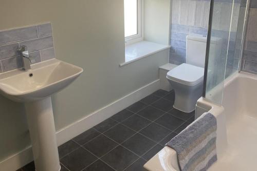 a bathroom with a sink and a toilet at Teviot Cottage 7 Fenton Hill Farm in Wooler