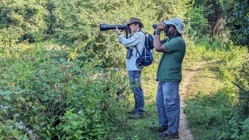 two men taking pictures with cameras on a trail at Makini Bush Camp, Yala in Yala