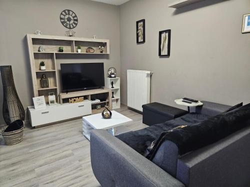 a living room with a couch and a tv at Idéal long séjour, Souvenirs de Provence,T2 classé, vue sur les montagnes, toutes commoditées! in Digne-les-Bains