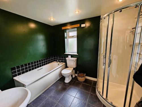 a green bathroom with a tub and a toilet and a sink at 3 Bed in Kirriemuir 96317 in Logie