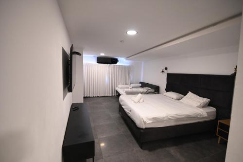 a bedroom with two beds and a tv on the wall at Puy Castele Hotel Tiberias in Tiberias