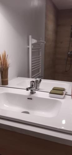 a bathroom with a white sink and a mirror at Chambre privée dans maison partagée in Montélimar