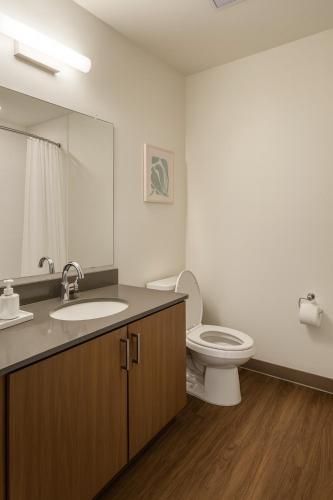 a bathroom with a toilet and a sink and a mirror at Stylish 2BR Rooftop Views plus Sky Lounge in Birmingham