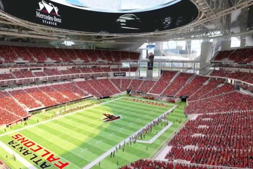 an empty stadium with red seats and a field at 20N - Stylish 1BD 1BA Condominium in the Heart of Downtown in Atlanta