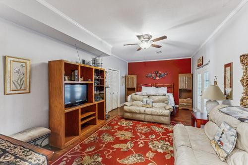 a living room with a couch and a tv at Tiki Hideaway in Village of Tiki Island
