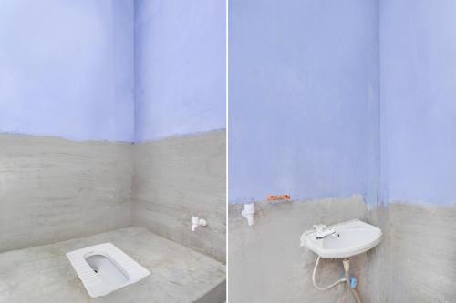 two pictures of a bathroom with a toilet and a sink at Hotel O Guru in Jhūsi