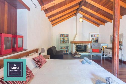 a bedroom with a bed and a living room with a fireplace at Casa Brumas de Arbejales in Teror
