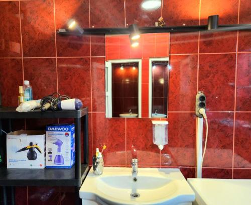 a bathroom with a sink and a red tiled wall at The Nomads Nest - Old Town in Bucharest