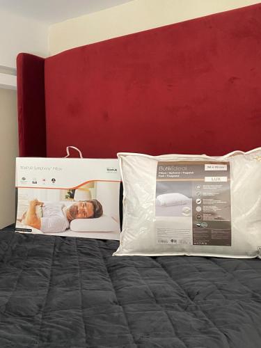 un letto con un cuscino e una scatola sopra di Luxury New Wave LA ART Studio a Vilnius