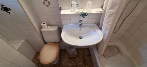 a small bathroom with a sink and a toilet at Résidence des Touristes in Pierrefitte-Nestalas