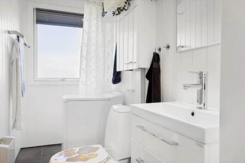 a white bathroom with a toilet and a sink at LF14058-Roslev-Eskovvej-58 in Flovtrup