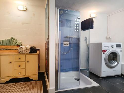 a bathroom with a shower and a washing machine at petite chambre in Halle an der Saale