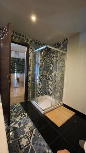 a shower with a glass door in a room at Porto Rio Douro apart in Valbom
