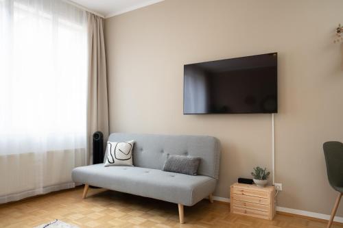 グラーツにあるBoho Living Studio - Historic City Center with Free Parking by HERO HOMESのソファと薄型テレビのあるリビングルーム