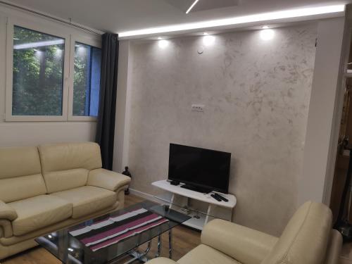 a living room with a couch and a tv at Parkside retreat in Belgrade