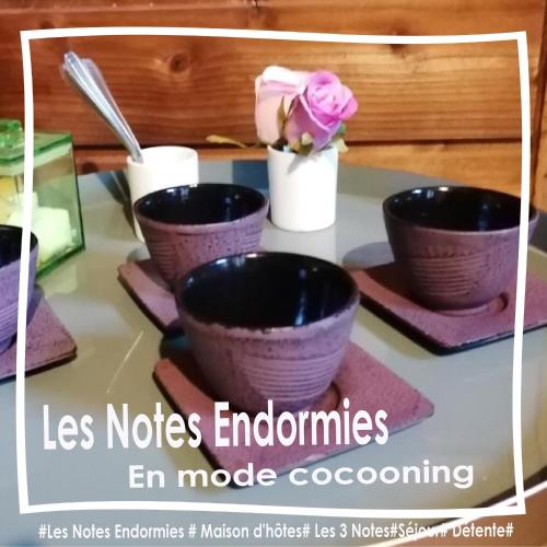 a group of bowls on a table with a flower at Maison d'hôtes Les Notes Endormies in Walcourt