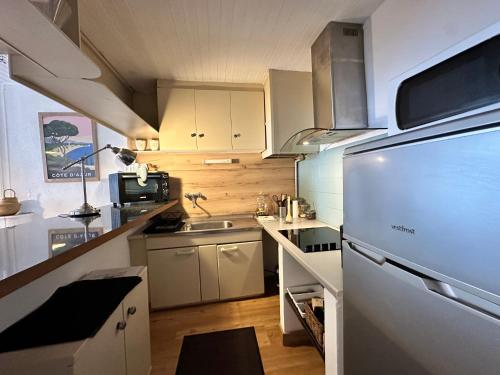 una piccola cucina con lavello e frigorifero di Le Perchoir Du Parc Cœur historique Anduze 3 Etoiles ad Anduze
