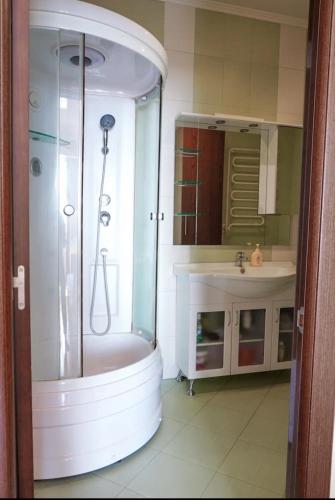 a bathroom with a shower and a sink at Dostyk Home in Zhezdi