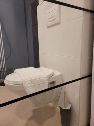 a bathroom with a white toilet in a room at B&B Klomiabla in San-Pédro