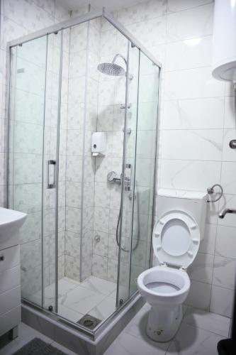 a bathroom with a glass shower with a toilet at Rivera Raška 