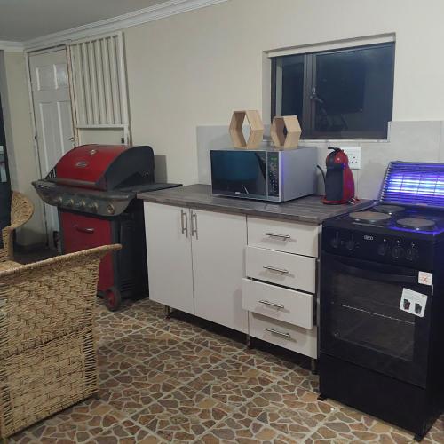 a kitchen with a counter with a microwave and a stove at Glenmore Sea View in Leisure Crest