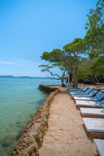 a row of lounges on a beach next to the water at Fragata Island House in Isla Grande