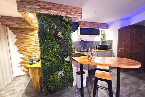 a kitchen with a green wall with a wooden table at Détente & spa in Bergheim