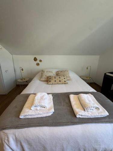 a bedroom with two towels on a bed at Maison cosy, climatisation et jardin in Tours