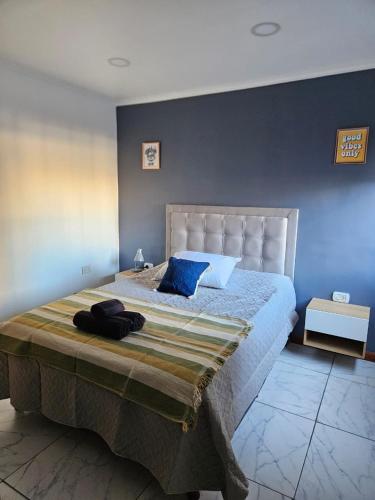 a bedroom with a large bed with a blue wall at Departamento moderno en el centro de Posadas in Posadas