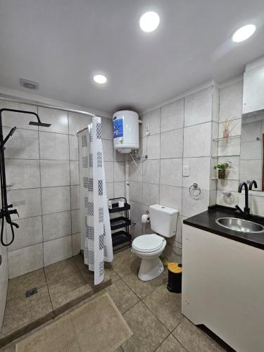 a bathroom with a toilet and a sink and a shower at Departamento moderno en el centro de Posadas in Posadas