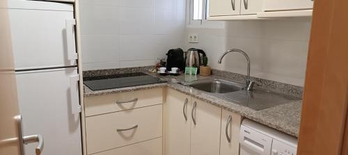 una cocina con fregadero y refrigerador en Brisas de Levante, en Benidorm