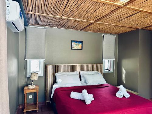 ein Schlafzimmer mit einem Bett mit zwei Handtüchern darauf in der Unterkunft Red Hill Lodge Purmamarca in Purmamarca