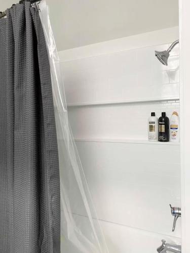 a bathroom with a shower curtain and a sink at The Washington Apartments in Evansville