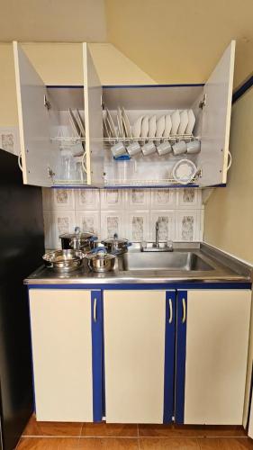 a kitchen with a sink and white cabinets at EquiNox Central House Bucaramanga in Bucaramanga